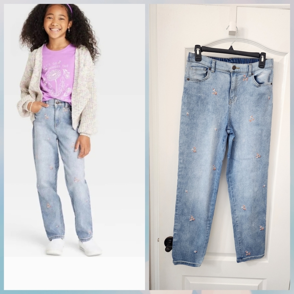 Cat & Jack Light Blue Straight Leg Jeans with Floral Accents